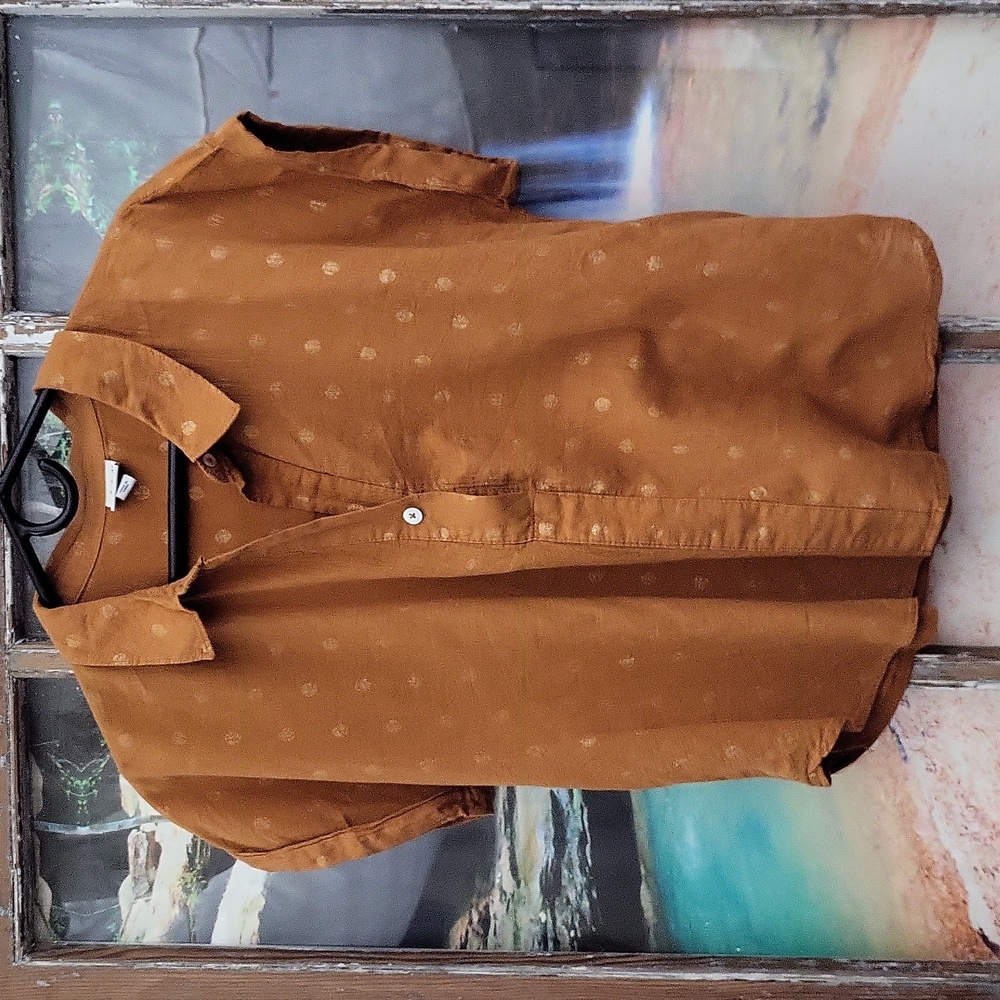 A New Day Blouse Large Burnt Orange W/Gold Woven Polka-dots